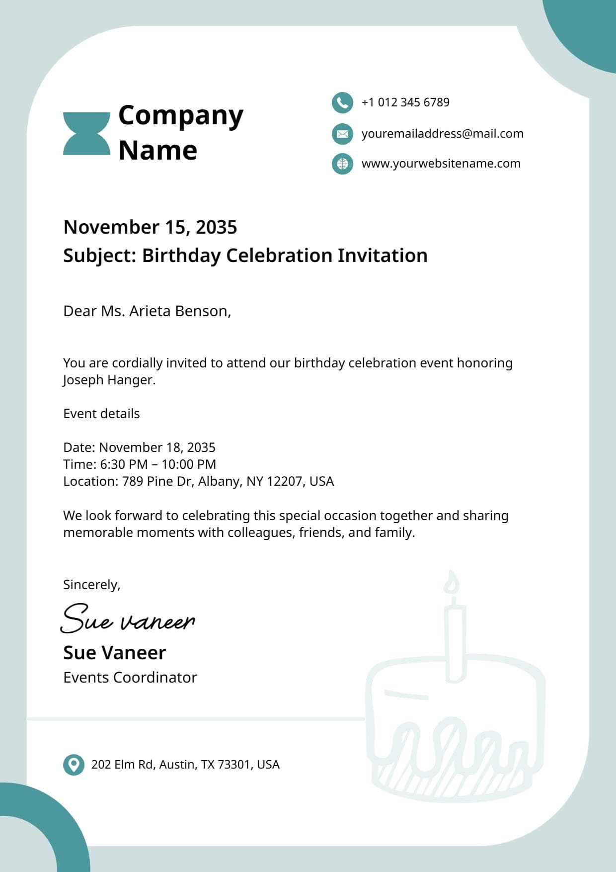 Modern Teal Birthday Celebration Invitation Letterhead Template