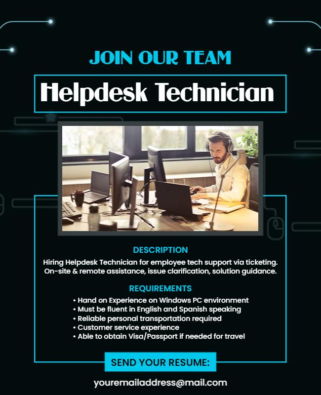 Modern Teal Helpdesk Technician Recruitment Job Poster Template