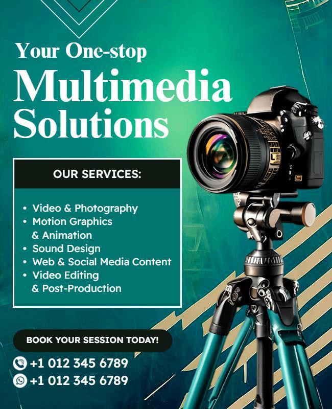 Modern Teal Multimedia Solutions Service Advertising Poster Template