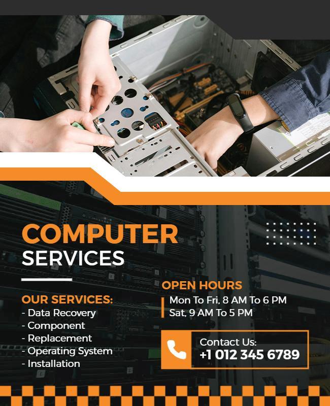 Modern Tech Orange Computer Services Information Poster Template