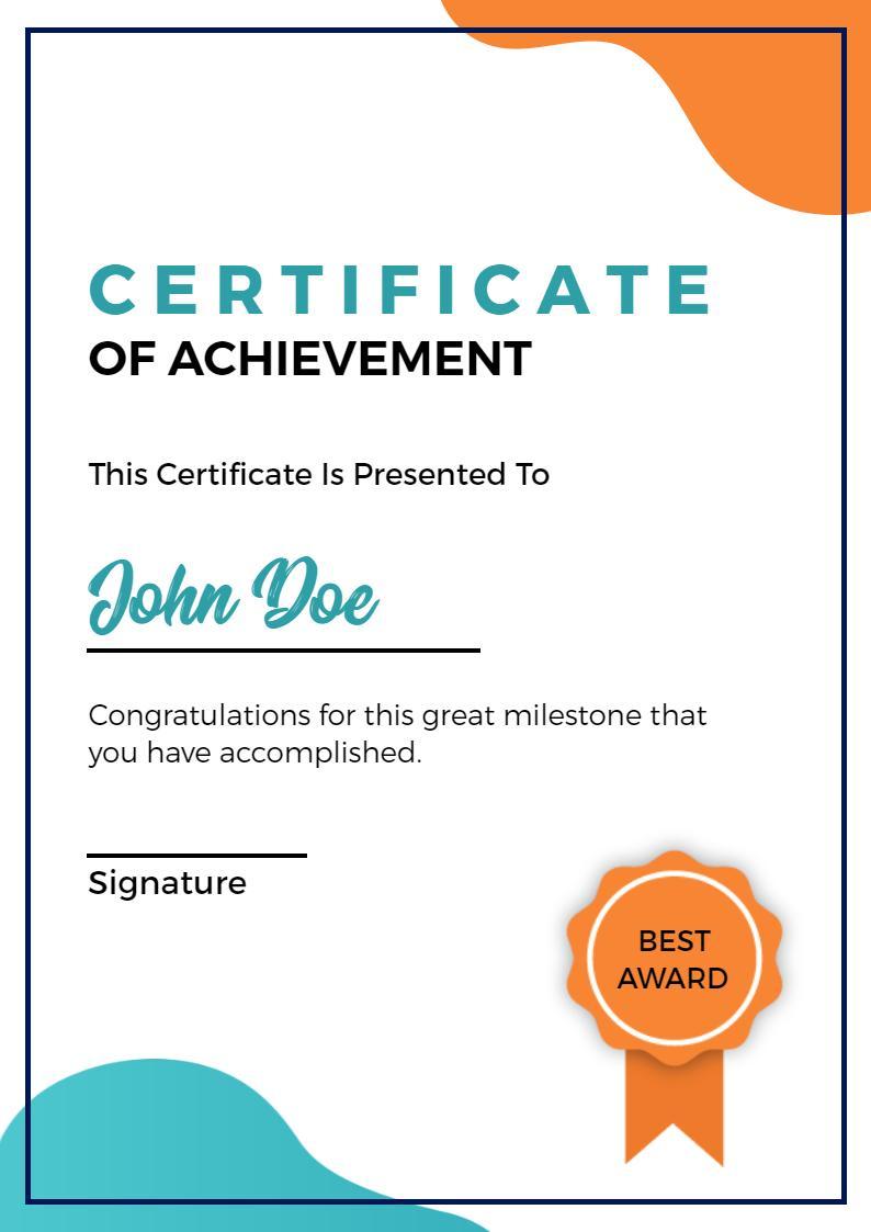 Modern Turquoise and Orange Achievement Award Certificate Template