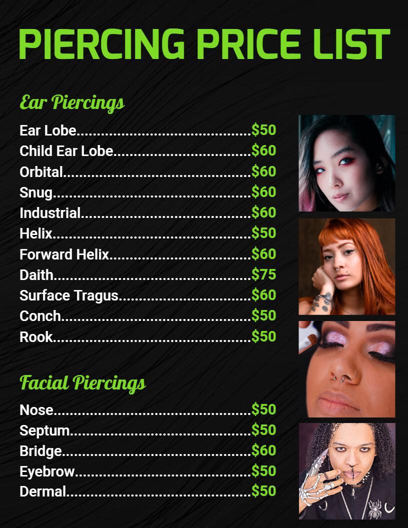 Modern Urban Style Piercing Studio Price List Template