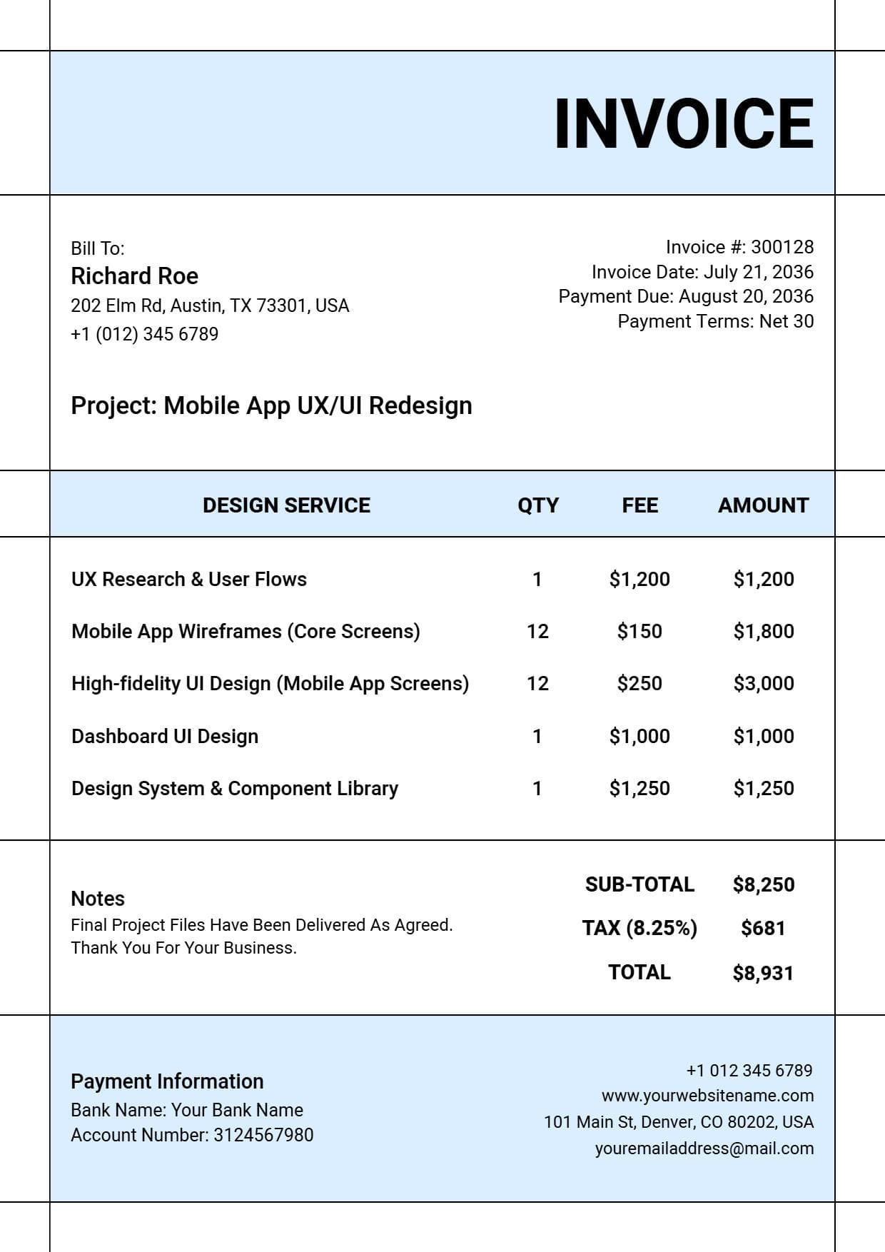 Modern UX UI Redesign Project Billing for Freelancers Invoice Template