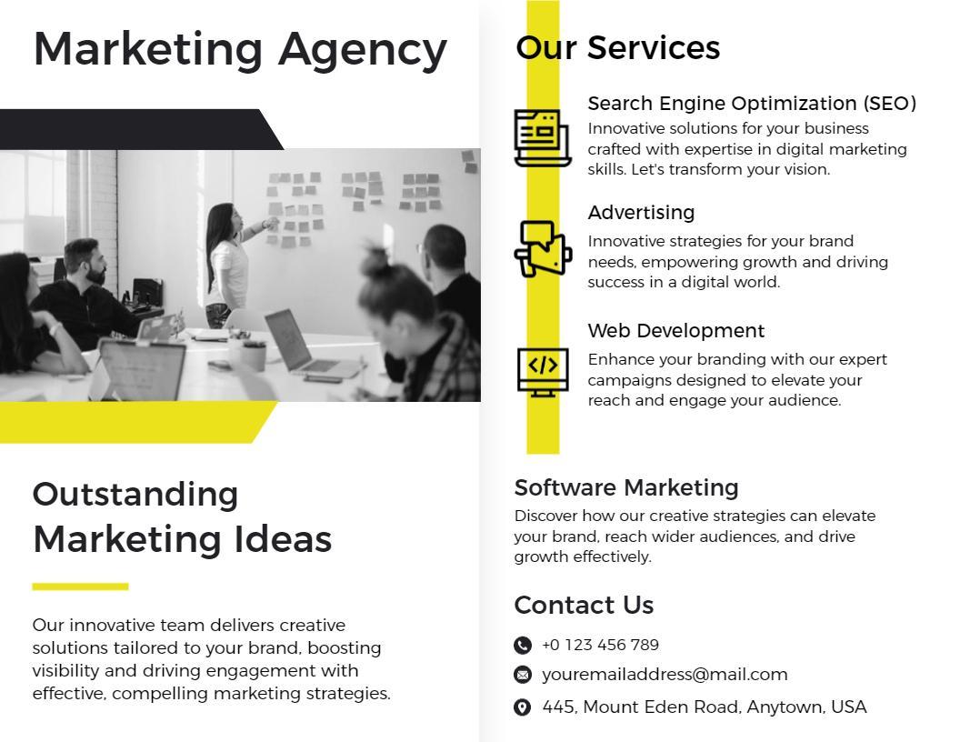 Modern Yellow and Black Marketing Agency Services Brochure Template
