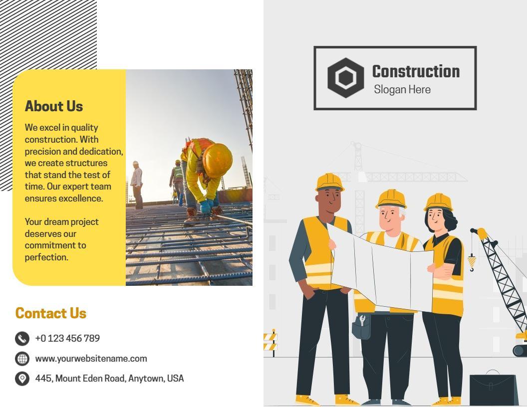 Modern Yellow Construction Services Overview and Contact Brochure Template