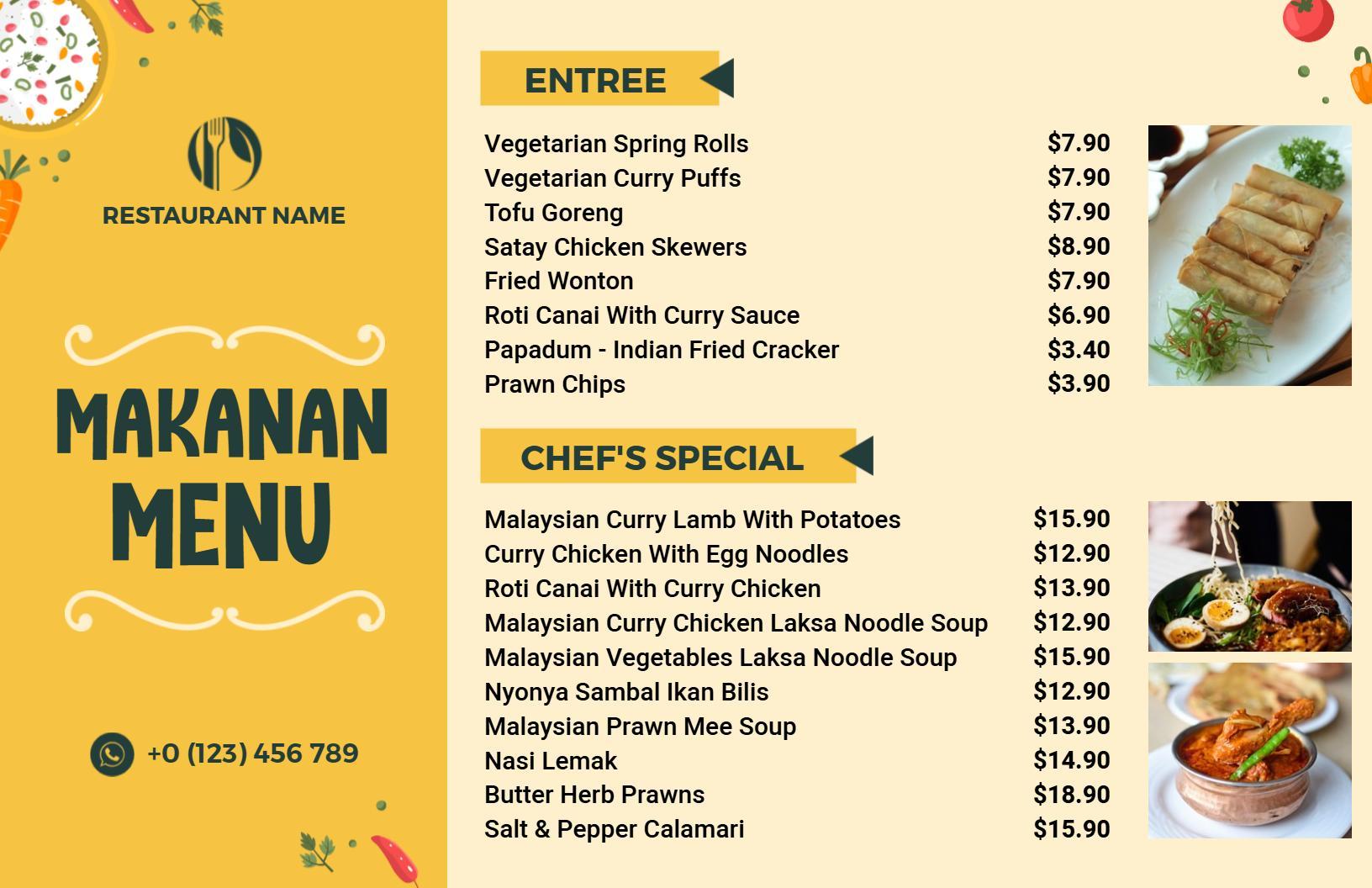 Modern Yellow Malaysian Makanan Menu Template