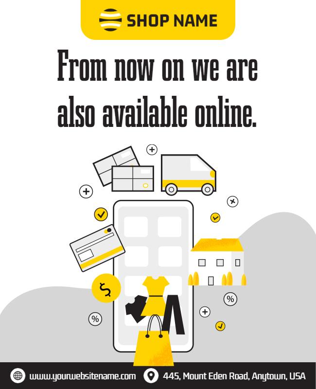 Modern Yellow Online Shopping Availability Announcement Flyer Template