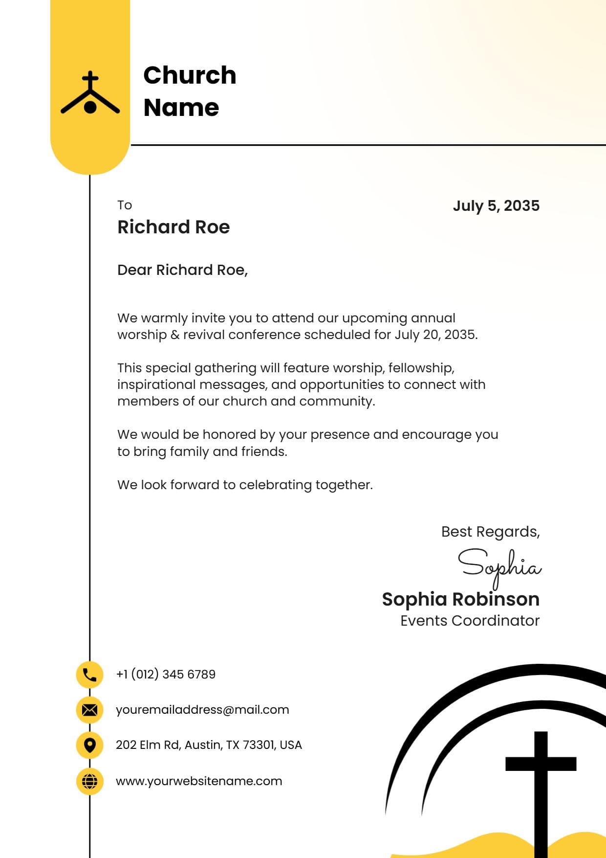 Modern Yellow Worship and Revival Church Event Letterhead Template
