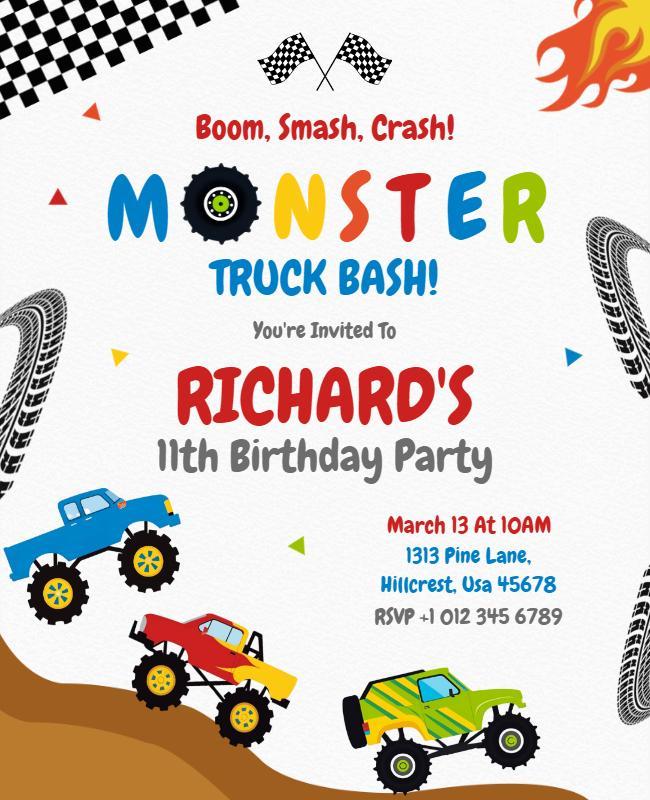 Monster Truck Birthday Party Invitation Flyer Template