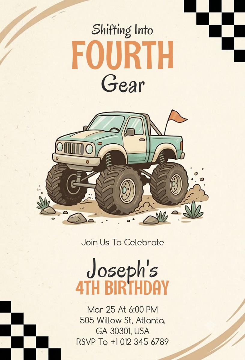 Monster Truck Fourth Birthday Celebration Adventure Invitation Template