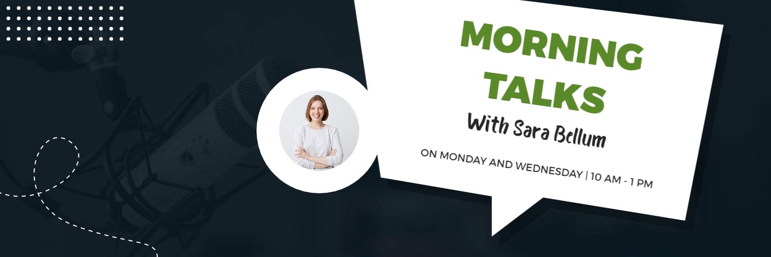 Morning Talks Show Featuring Sara Bellum on Dark Twitter Banner Template