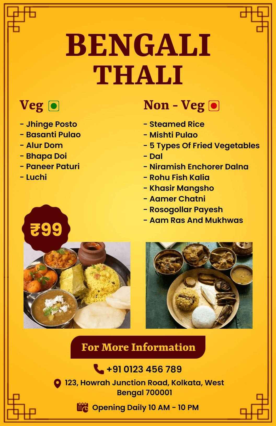 Mouthwatering Bengali Thali Featuring Diverse Indian Cuisine Menu Template