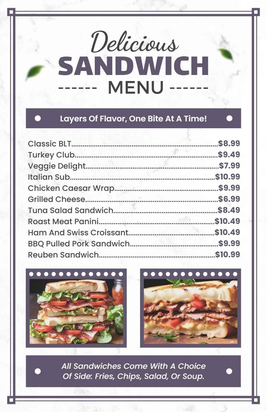 Mouthwatering Classic and Gourmet Options Sandwich Menu Template