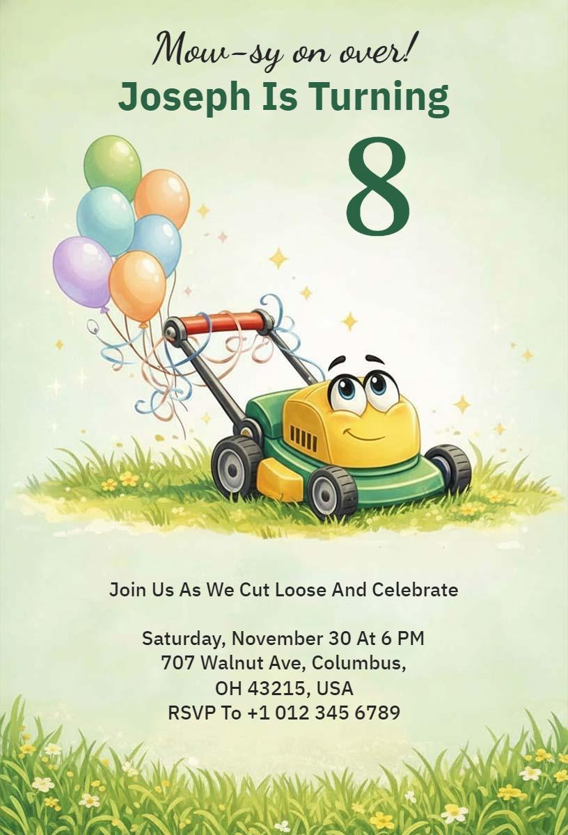 Mowing Lawn Theme Colorful 8th Birthday Celebration Invitation Template