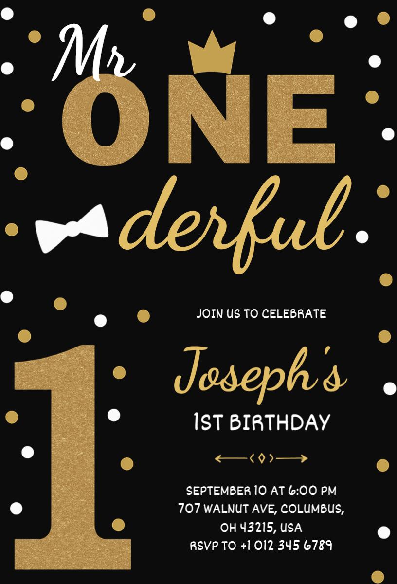 Mr. One-derful Black Gold 1st Birthday Invitation Template