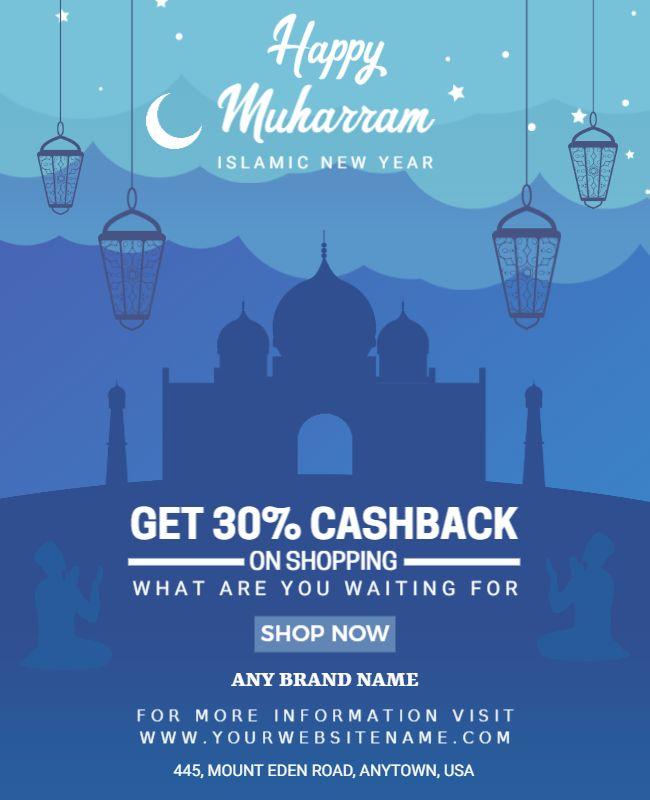 Festive Blue Islamic New Year Cashback Shopping Flyer Template