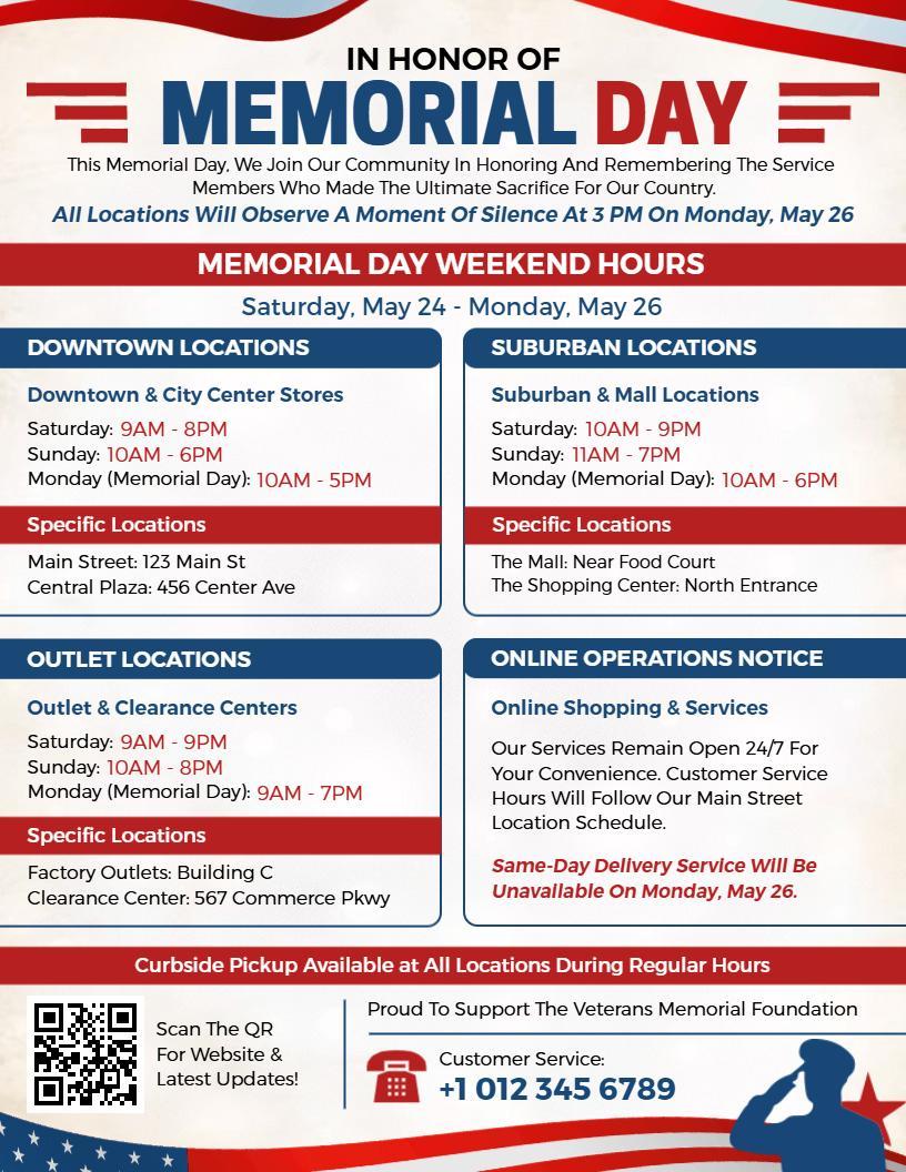 Multi-Location Hours Memorial Day Flyer Template