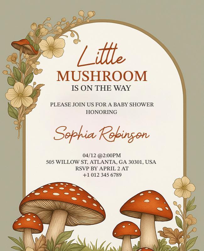 Mushroom Theme Baby Shower Announcement Flyer Template
