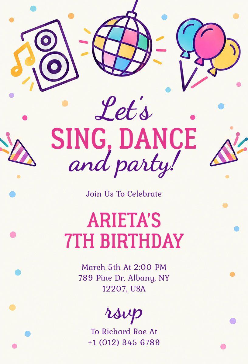 Music and Dance 7th Birthday Celebration Invitation Template