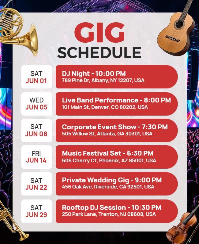 Music Gig Schedule Announcement Poster Template