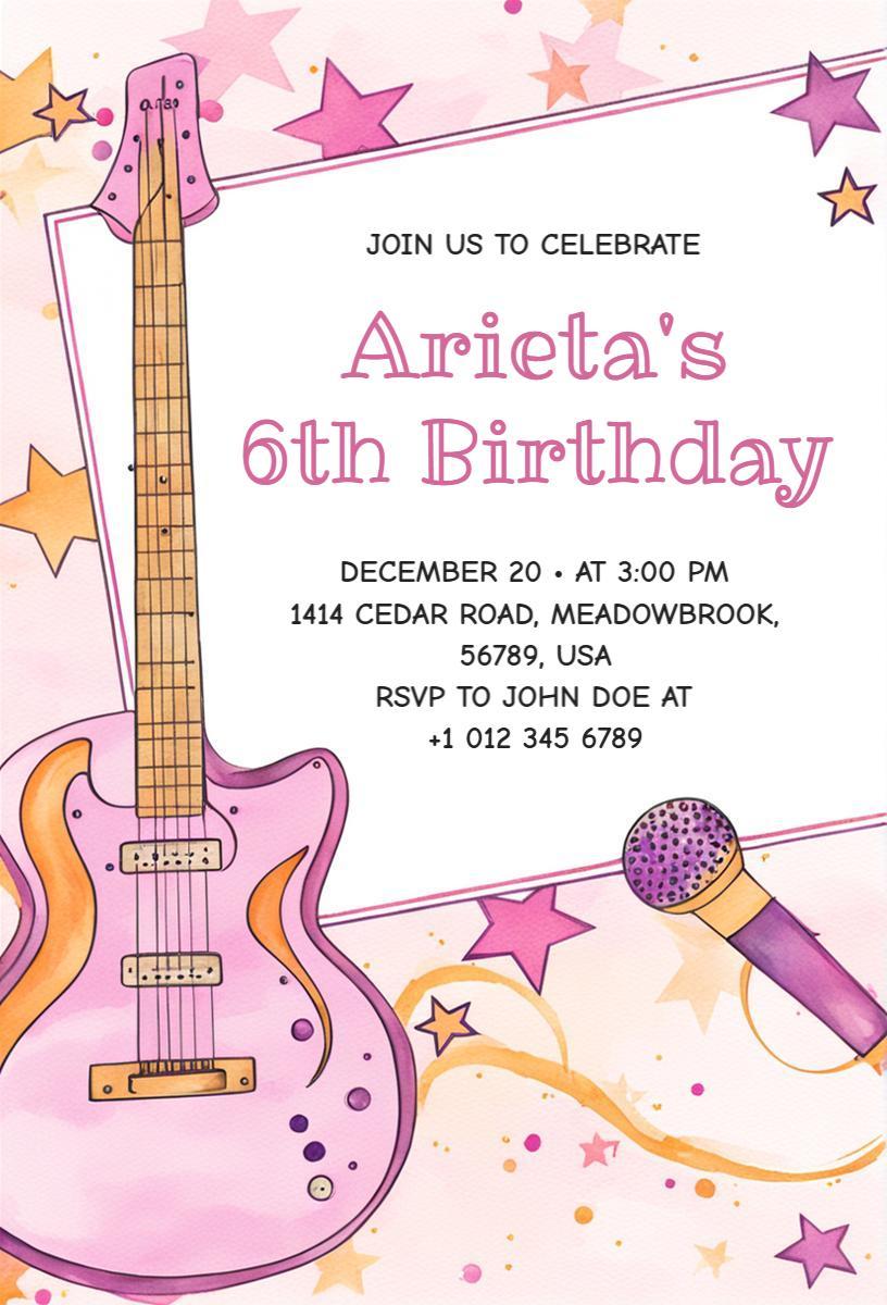 Musical Guitar Theme Pink Birthday Celebration Invitation Template
