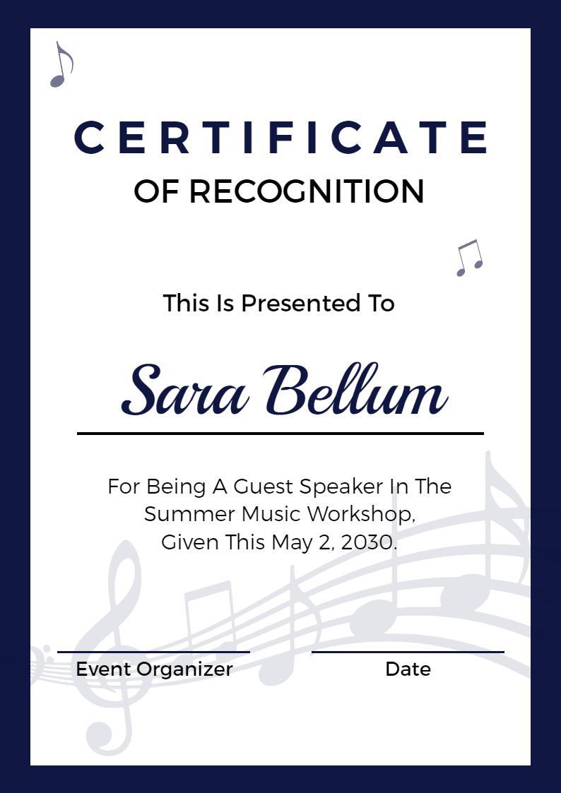 Musical Theme Elegant Recognition Guest Speaker Certificate Template