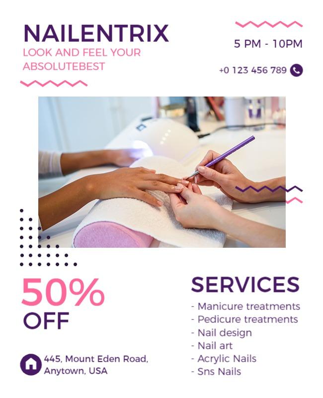 Chic Purple Nail Salon Promotion with 50% Off Flyer Template