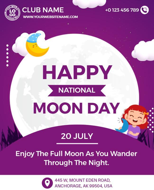 Playful Purple National Moon Day Celebration Flyer Template