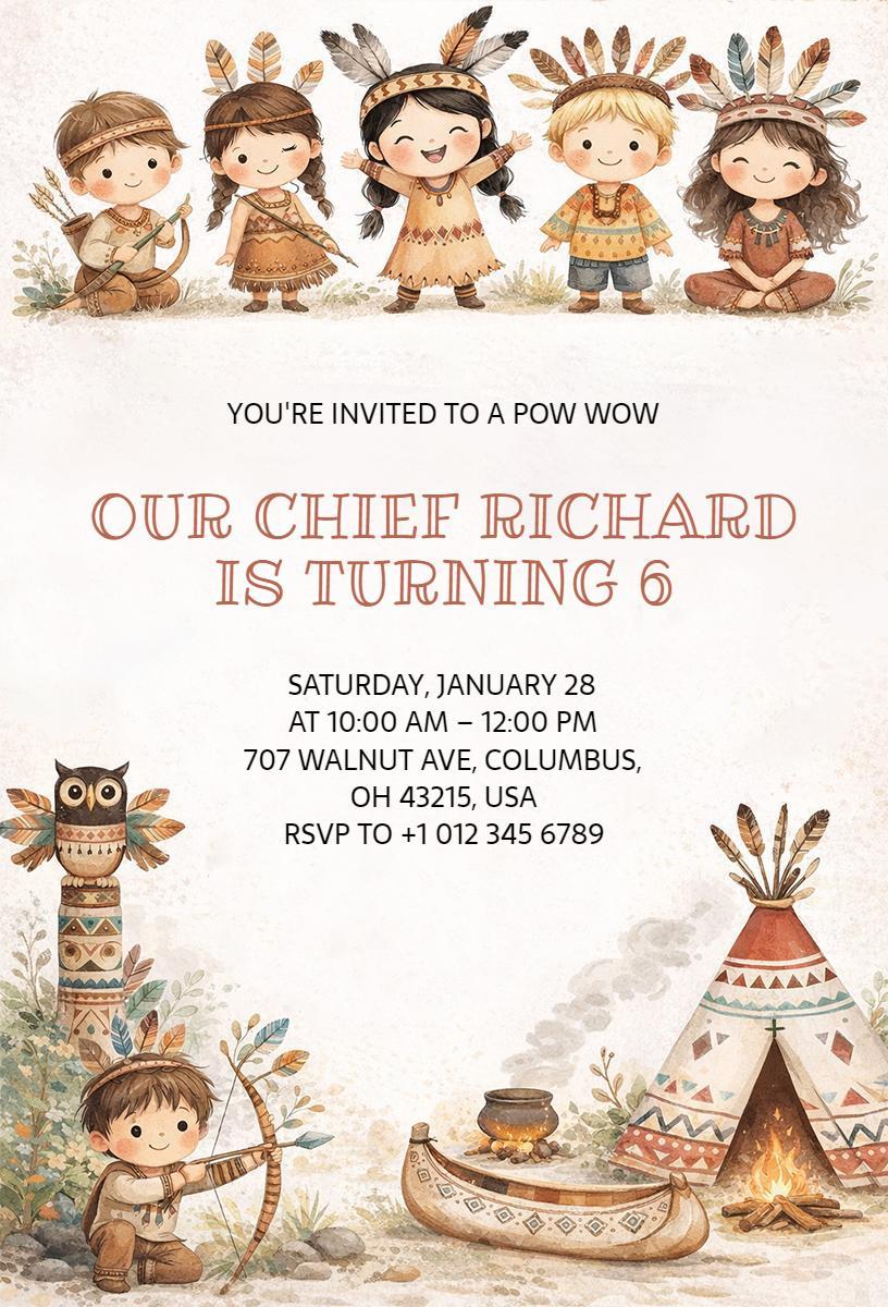 Native American Pow Wow Kids Birthday Celebration Invitation Template
