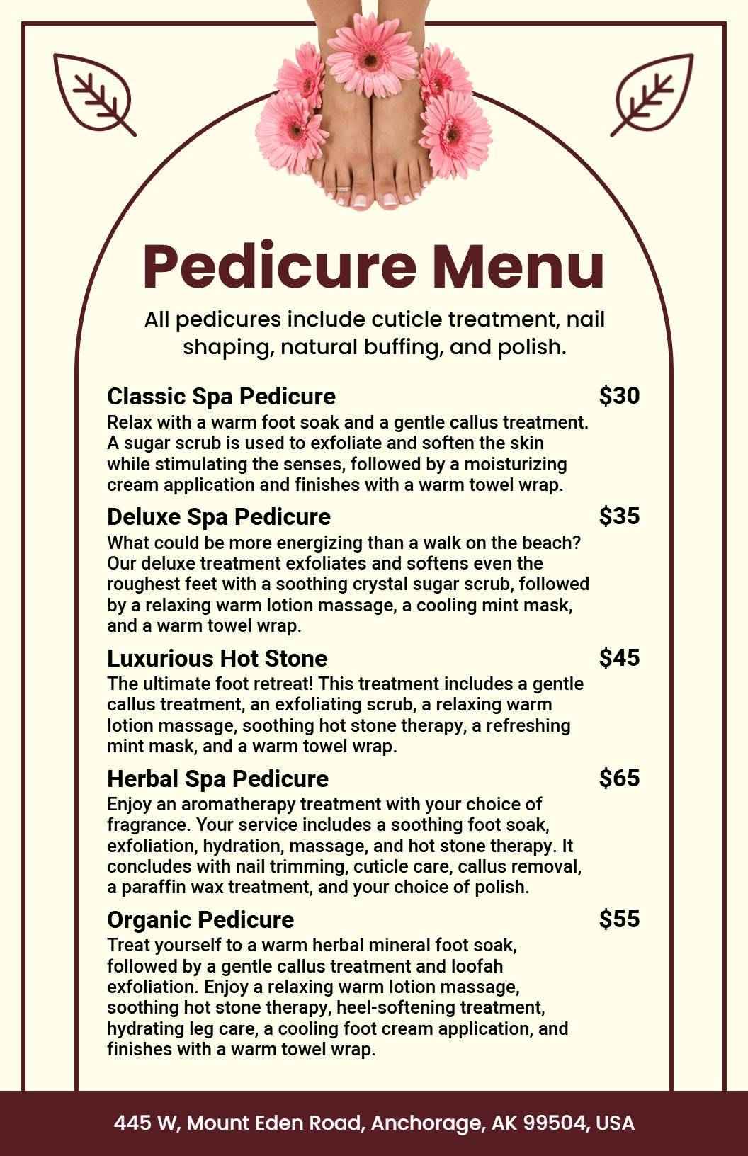 Natural Brown Elegant Foot Care Pedicure Menu Template
