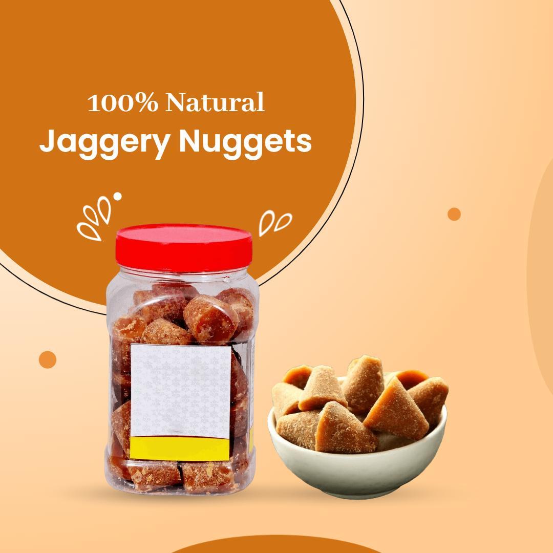 Natural Brown Jaggery Nuggets in Jar with Bowl Ad Template