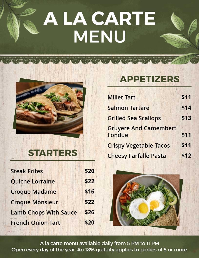 Nature-Inspired Elegant a La Carte Restaurant Menu Template