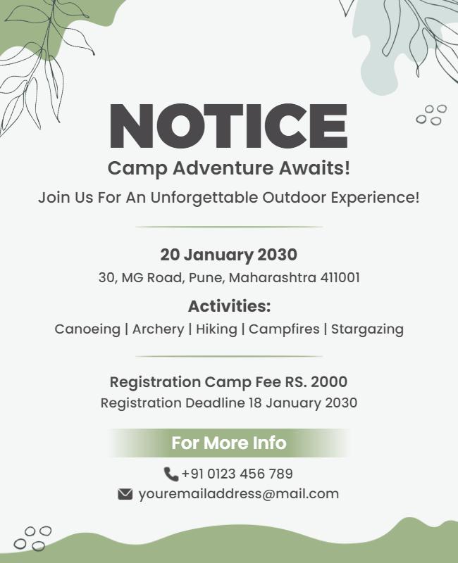 Nature-Inspired Outdoor Adventure Camp Notice Poster Template