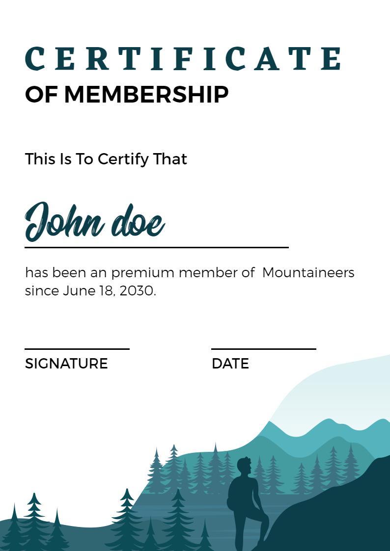 Nature-Inspired Teal Mountain Membership Certificate Template