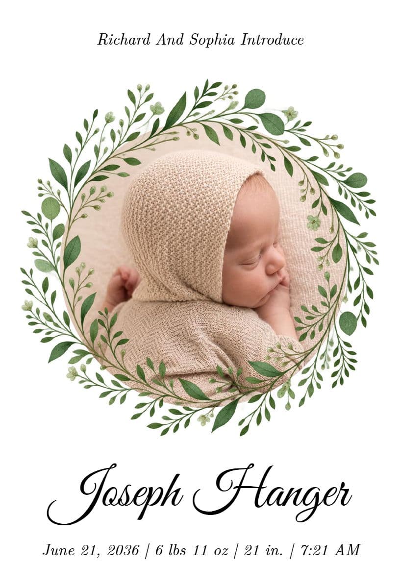 Nature-Themed Elegant Baby Birth Announcement Template