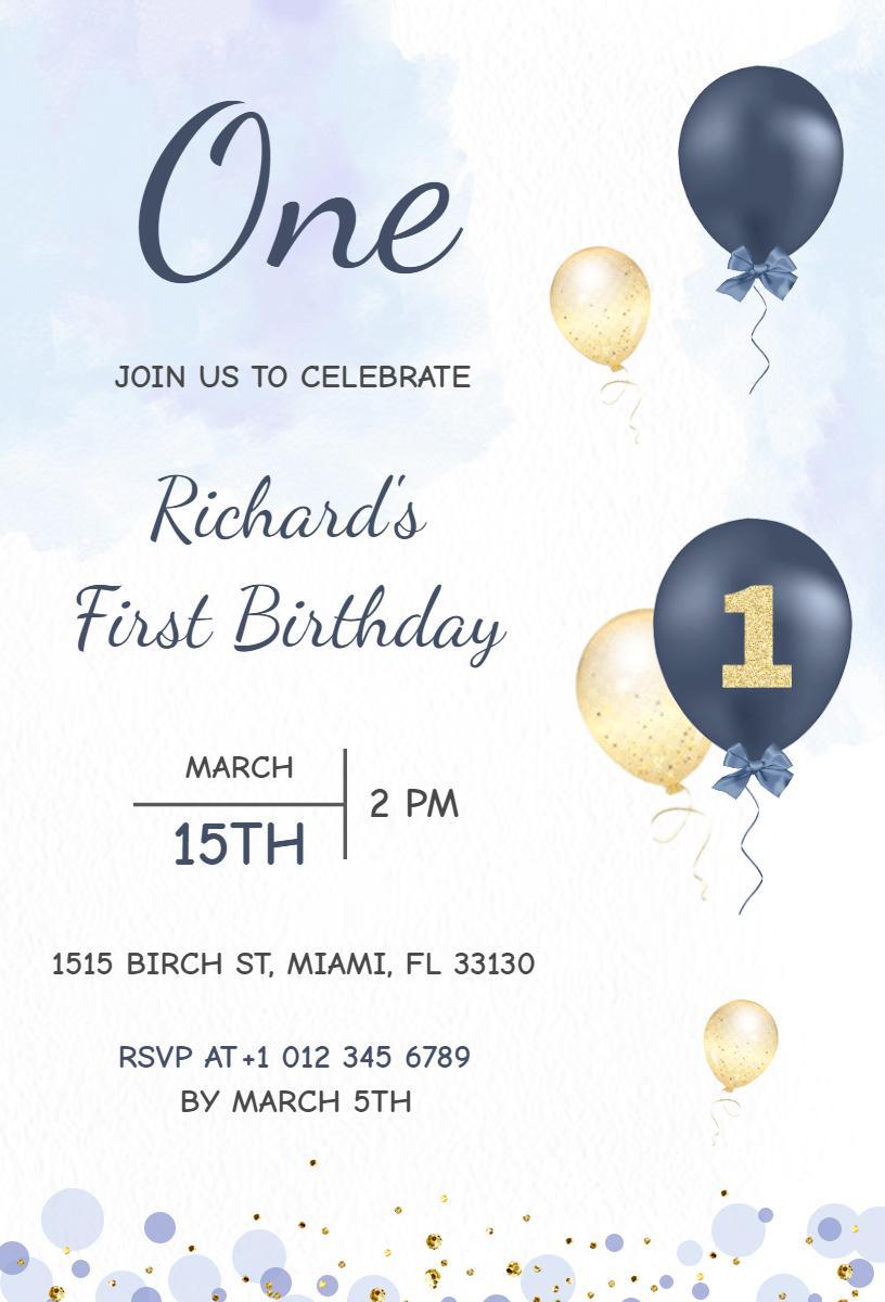 Nautical Blue Gold Balloon 1st Birthday Celebration Invitation Template