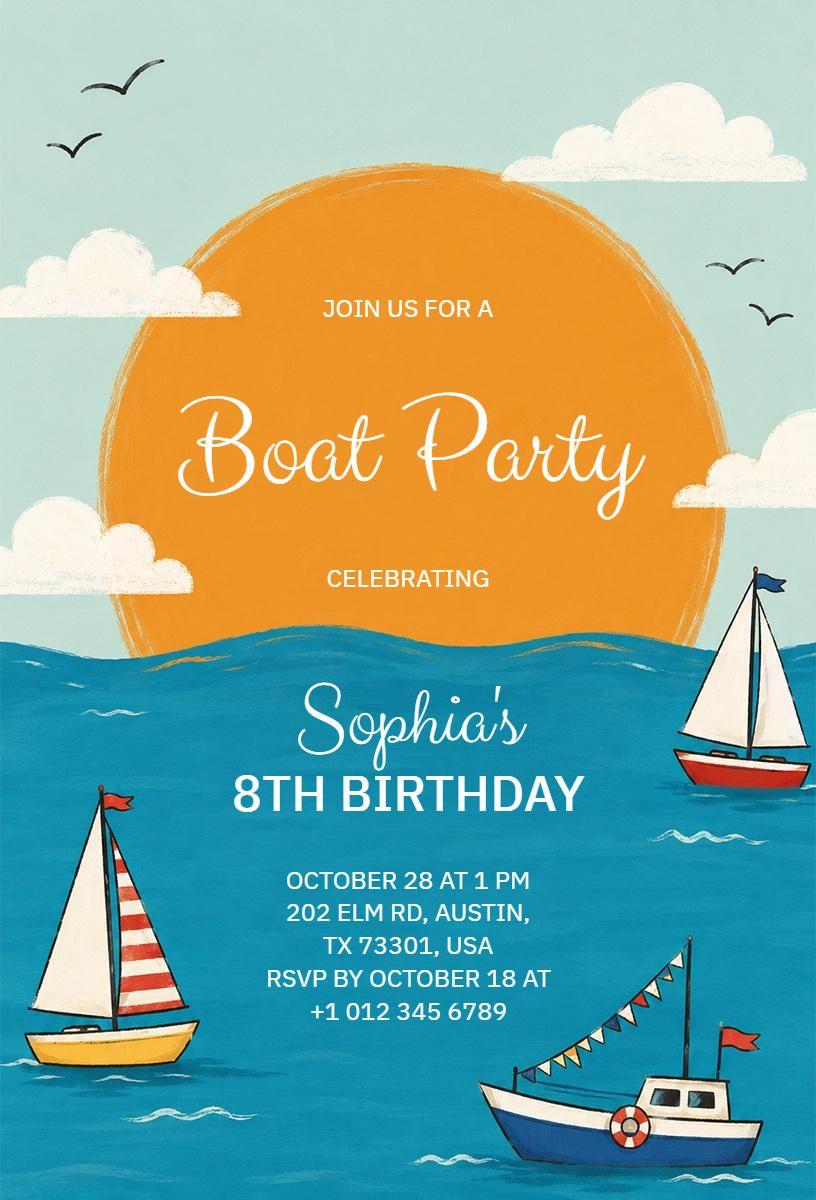 Nautical Boat Party Adventure 8th Birthday Invitation Template