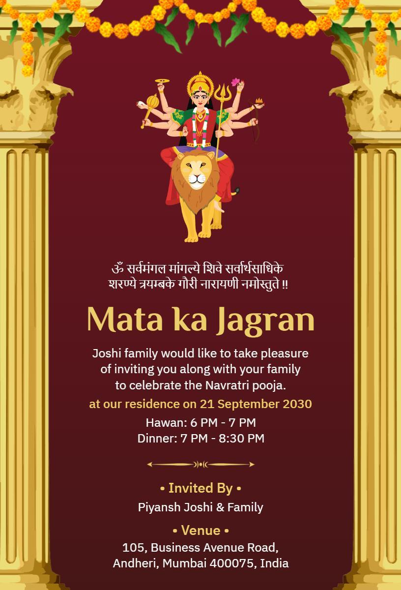 Navratri Mata Ka Jagran Pooja Celebration Invitation Template