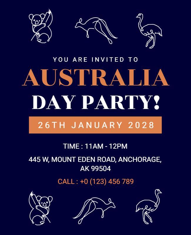 Navy Blue Australian Wildlife Day Party Invitation Poster Template
