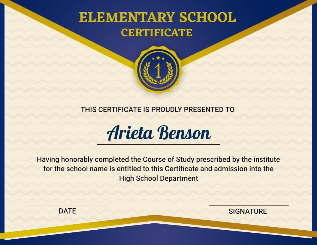 Navy Blue Elegant Elementary School Completion Certificate Template