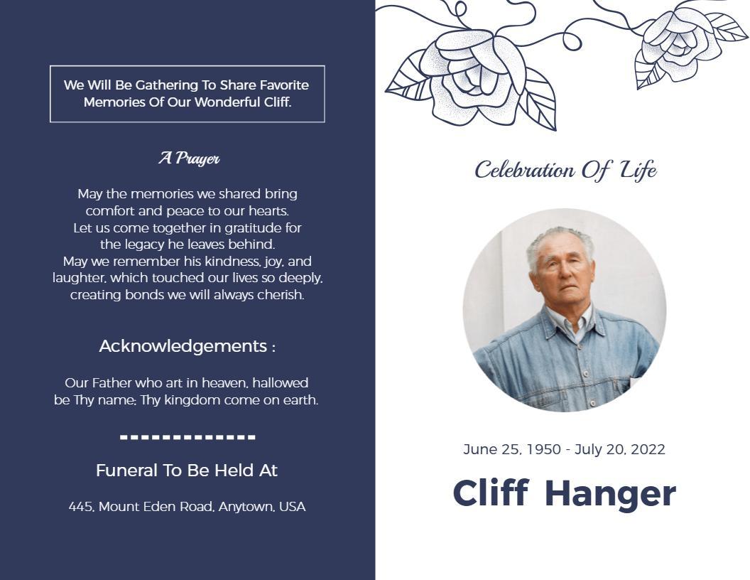Navy Blue Floral Celebration of Life Funeral Brochure Template