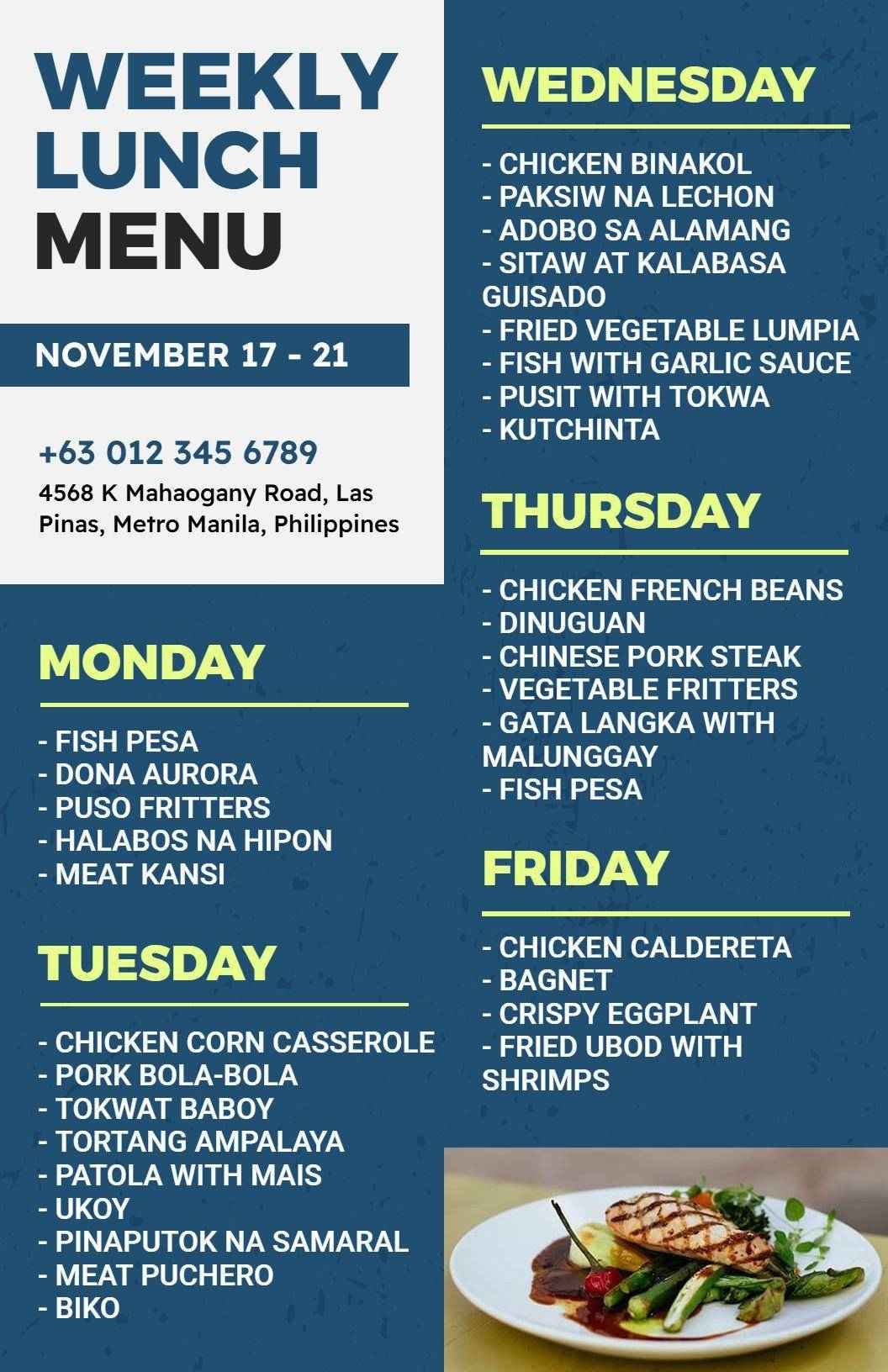 Navy Blue Themed Weekly Lunch Menu Template