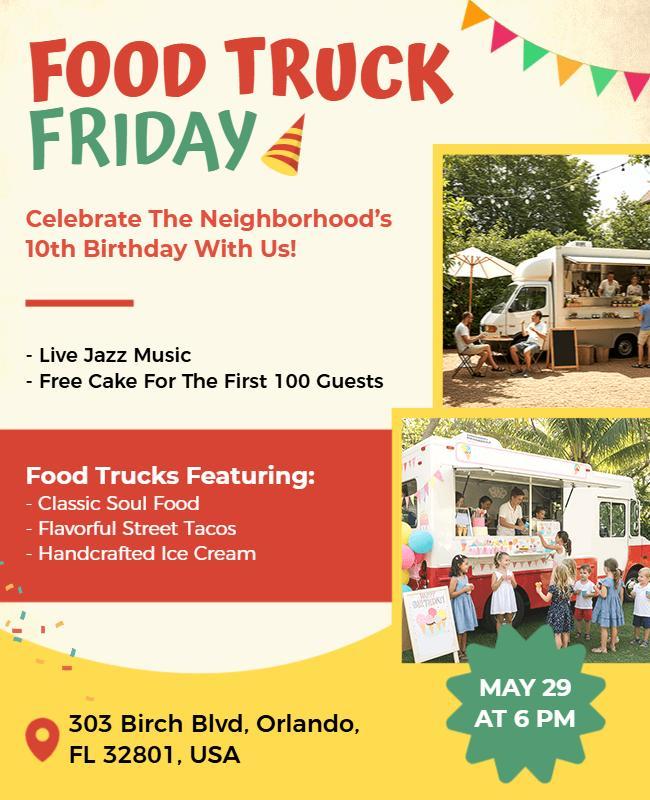 Neighborhood Birthday Food Truck Festival Celebration Flyer Template