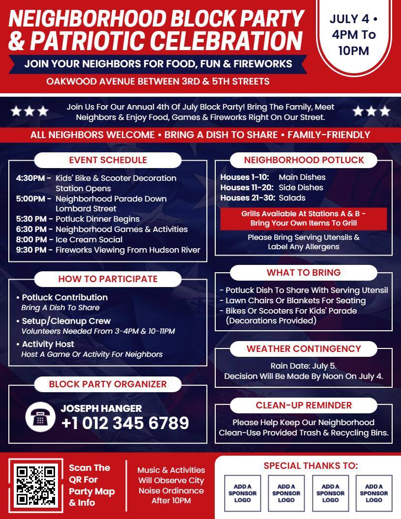 Neighborhood Block Party & Patriotic Celebration Flyer Template