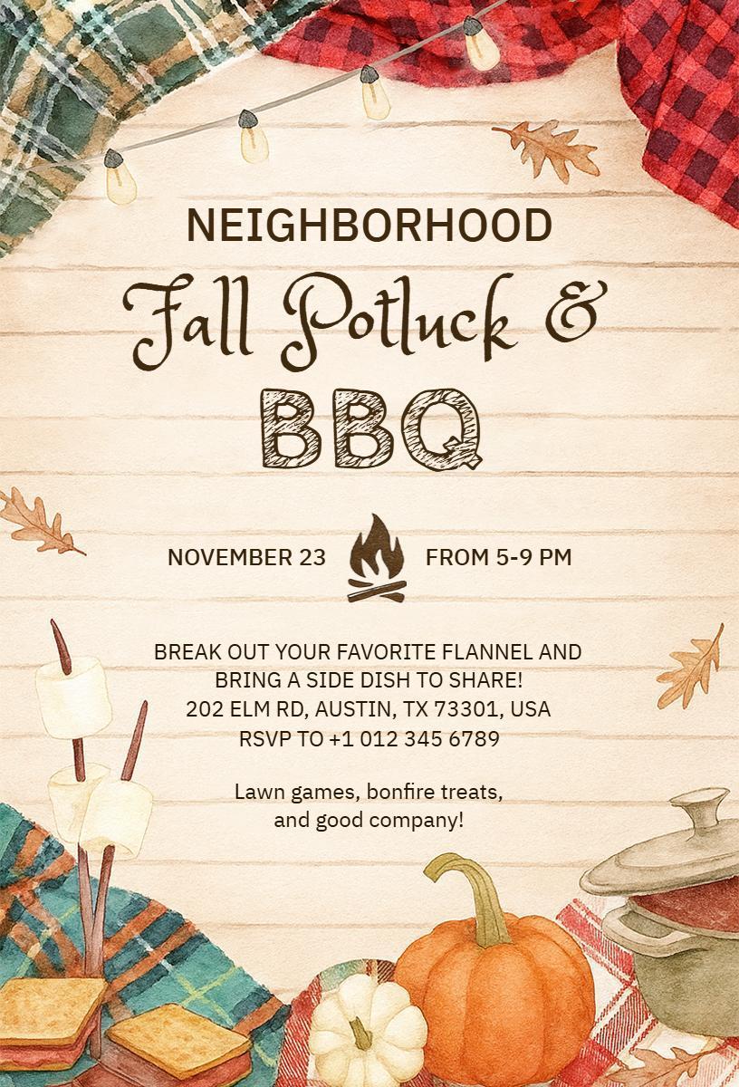 Neighborhood Fall Potluck BBQ Gathering Invitation Template