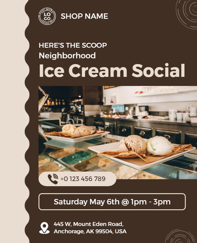 Charming Brown Ice Cream Social Neighborhood Event Flyer Template