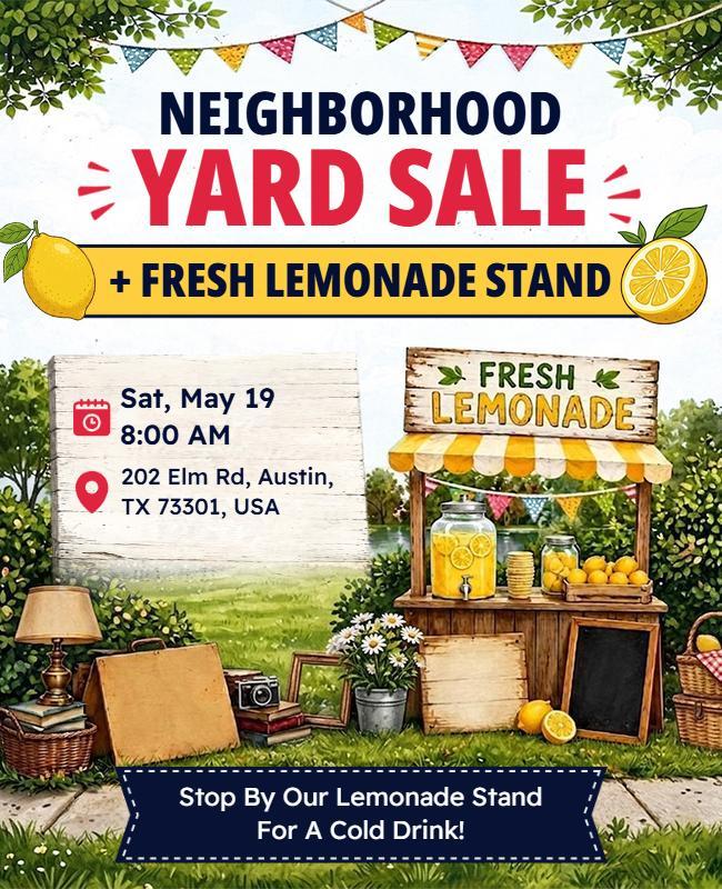 Neighborhood Yard Sale with Lemonade Stand Poster Template