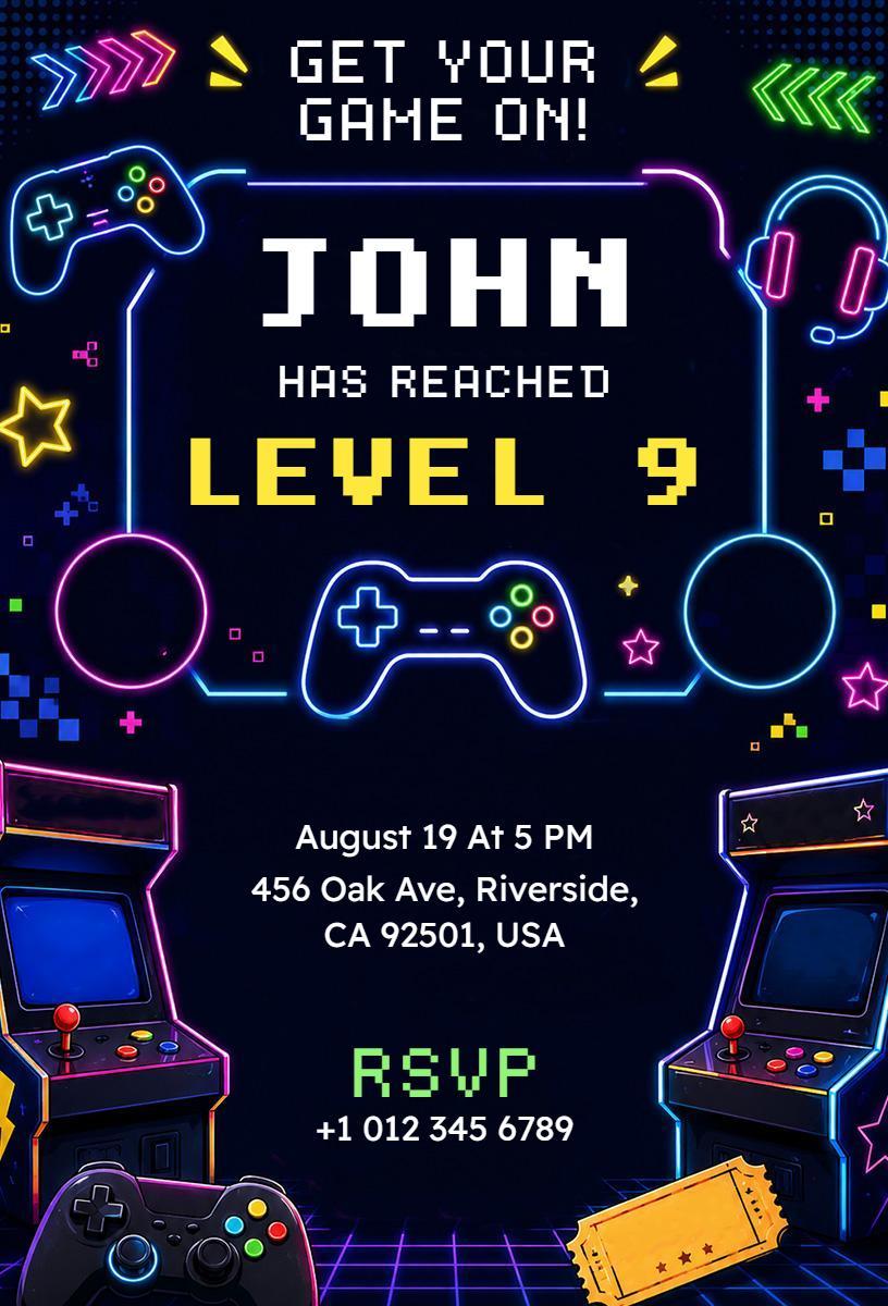Neon Arcade Game Level 9 Birthday Celebration Invitation Template
