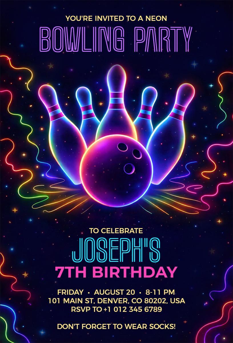 Neon Bowling Party Colorful Birthday Celebration Invitation Template