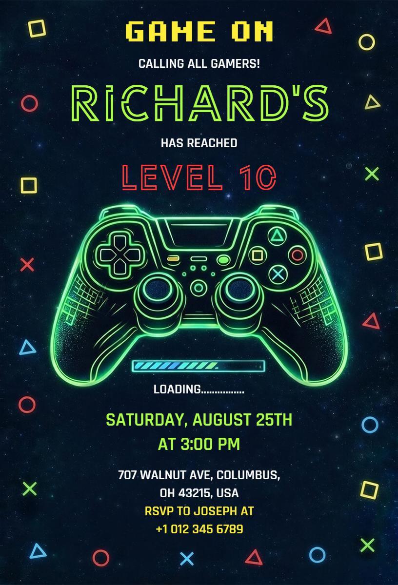 Neon Gaming Level 10 Birthday Celebration Invitation Template